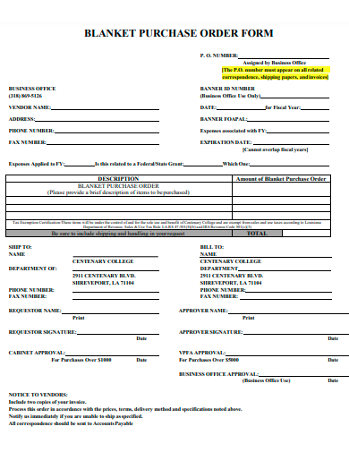 blanket purchase order form template