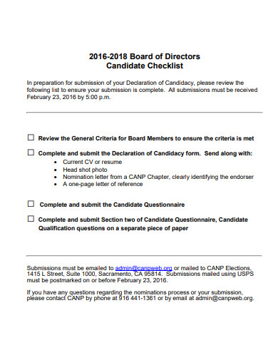 board of directors candidate checklist template
