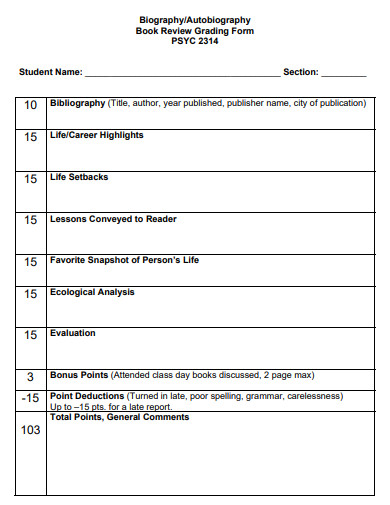 book review grading form template