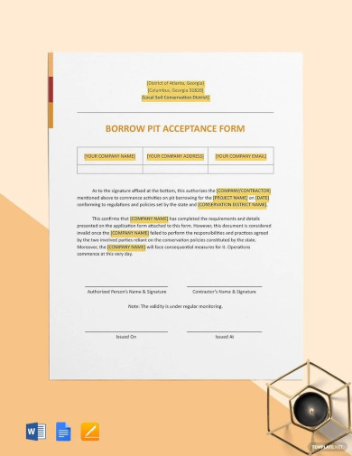 borrow pit acceptance form template