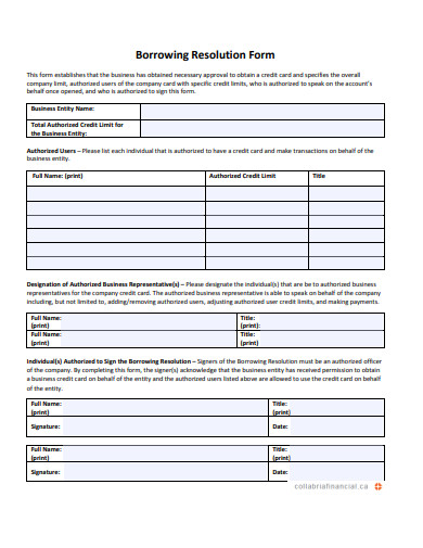 borrowing resolution form template