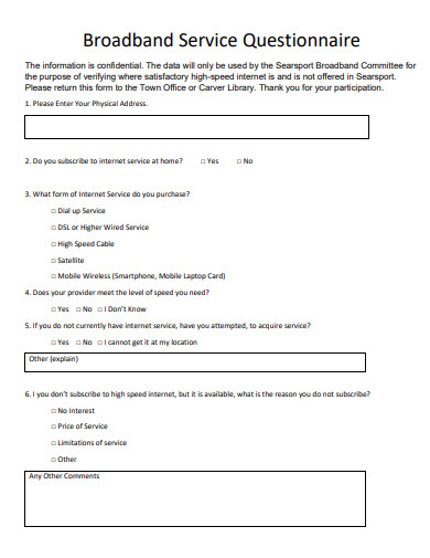 broadband service questionnaire template