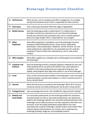 brokerage orientation checklist template