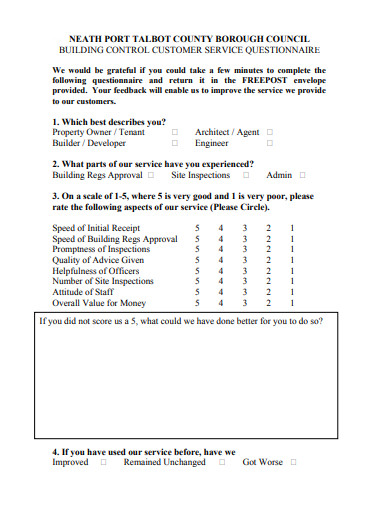 building control customer service questionnaire template