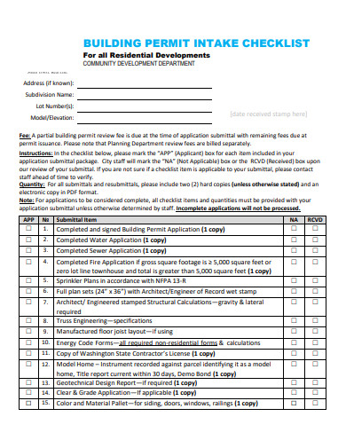 building permit intake checklist template