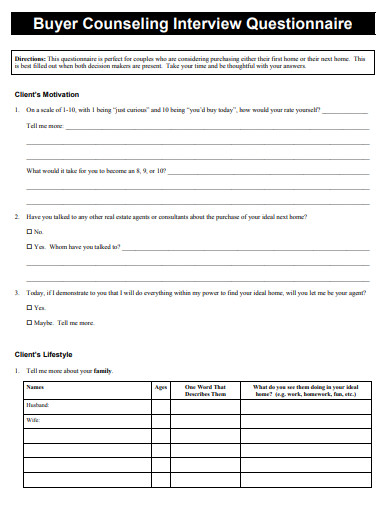 buyer counseling interview questionnaire template