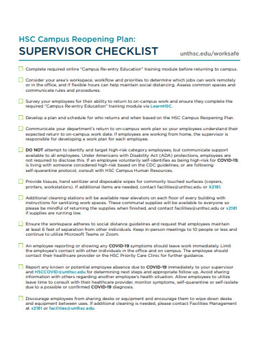 campus reopening plan supervisor checklist template
