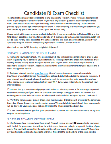 candidate exam checklist template