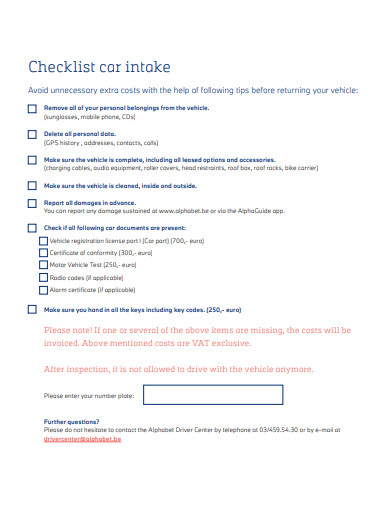 car intake checklist template