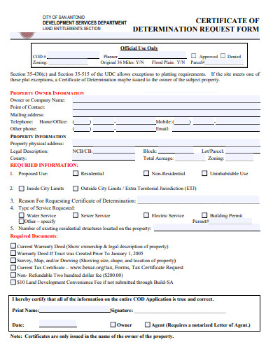 certificate of determination request form template