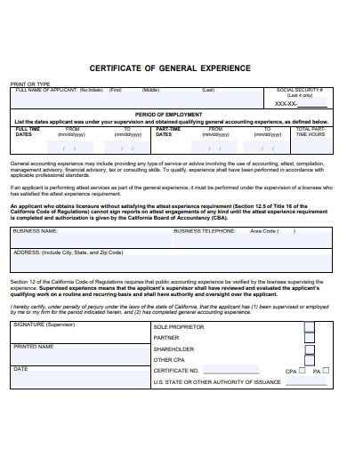 certificate of general experience form template