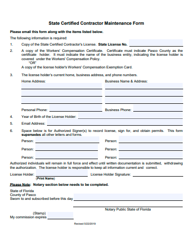 certified contractor maintenance form template