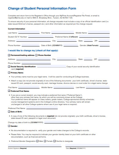 change of student personal information form template