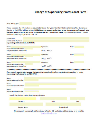 change of supervising professional form template