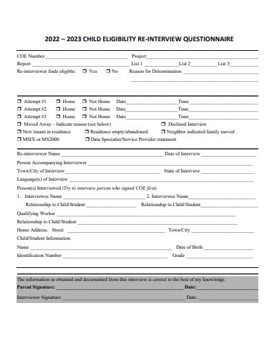 child eligibility re interview questionnaire template