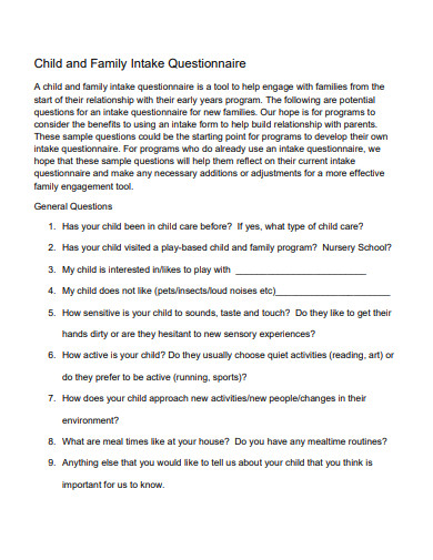 child and family intake questionnaire template