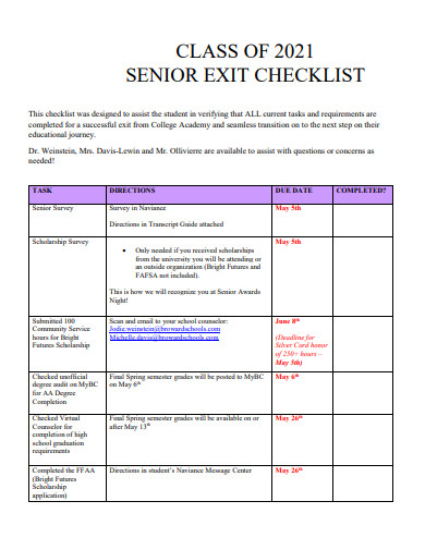class senior exit checklist template