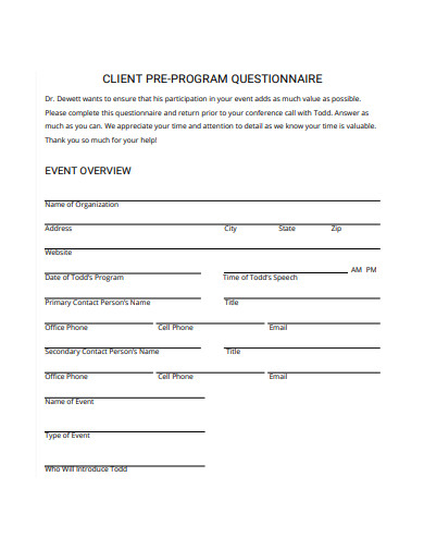 client pre program questionnaire template
