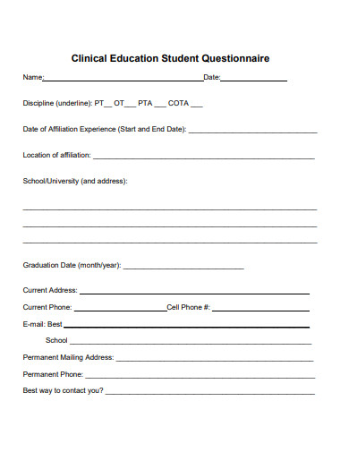 clinical education student questionnaire template