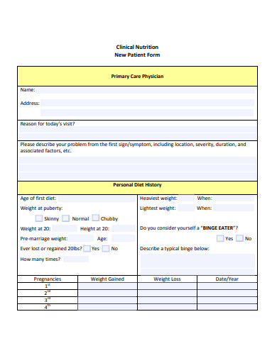 clinical nutrition new patient form template