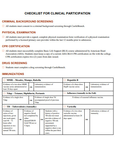 clinical participation checklist template