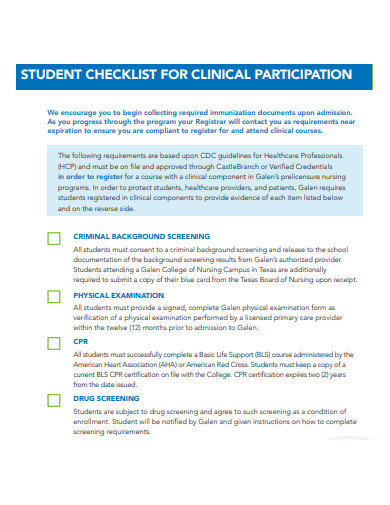clinical participation student checklist template