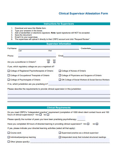 clinical supervisor attestation form template