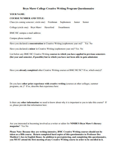 college creative writing program questionnaire template