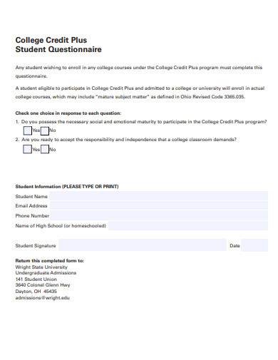 college credit plus student questionnaire template