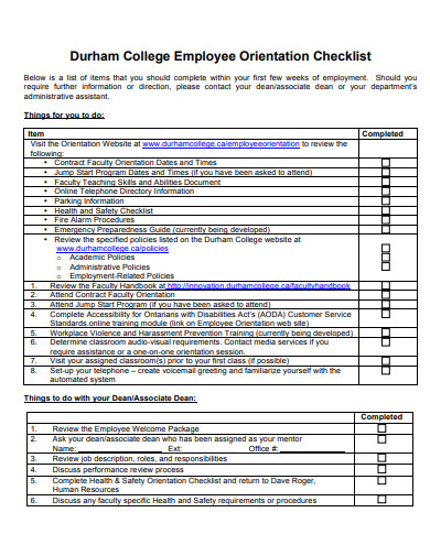 college employee orientation checklist template