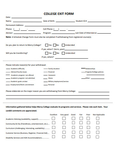 college exit form template