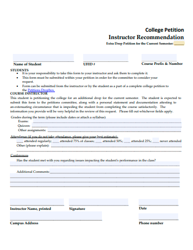college petition instructor recommendation form template