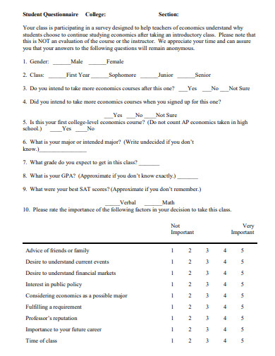 college student questionnaire template