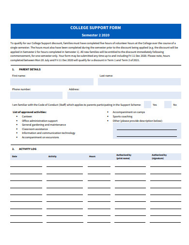 college support form template
