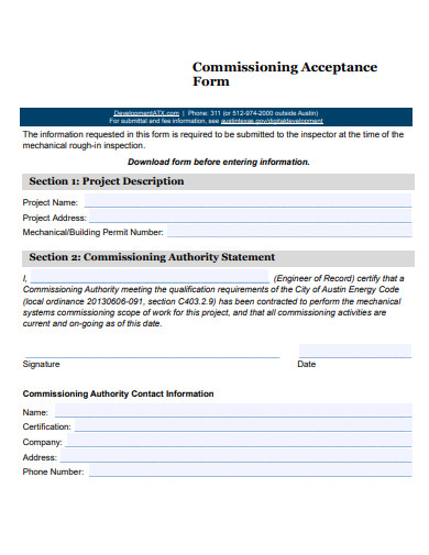 commissioning acceptance form template