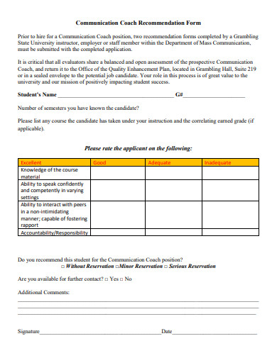 communication coach recommendation form template