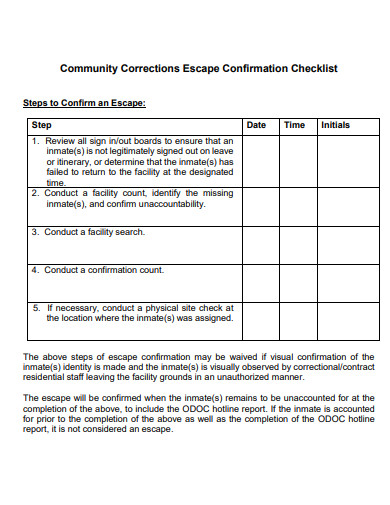community corrections escape confirmation checklist template