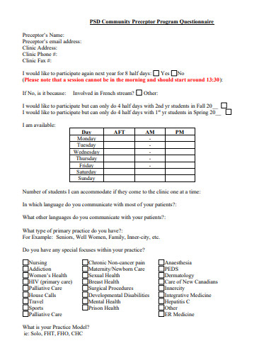 community preceptor program questionnaire template
