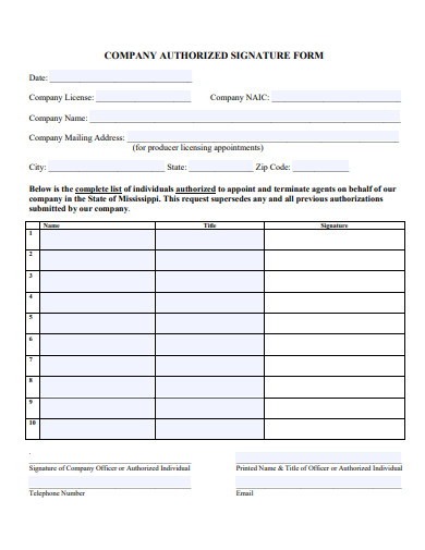 company authorized signature form template