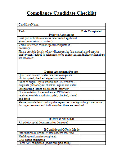 compliance candidate checklist template