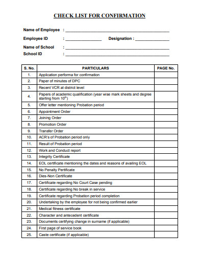 confirmation checklist format