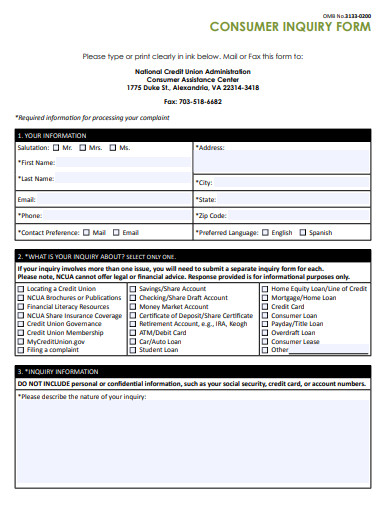consumer inquiry form template