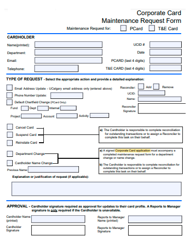 corporate card maintenance request form template