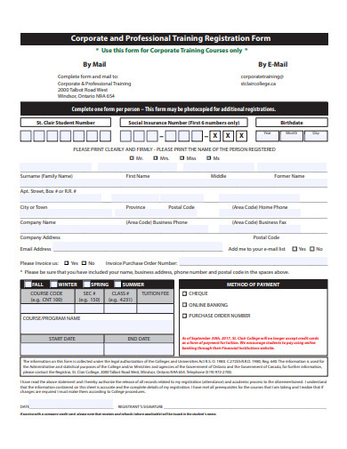 corporate and professional training registration form template