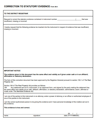 correction to statutory evidence form template