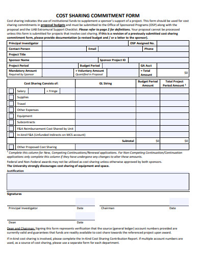 cost sharing commitment form template