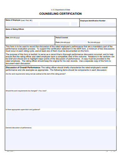 counseling certification form template