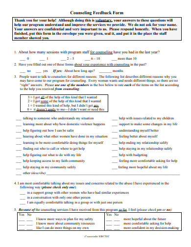 counseling feedback form template