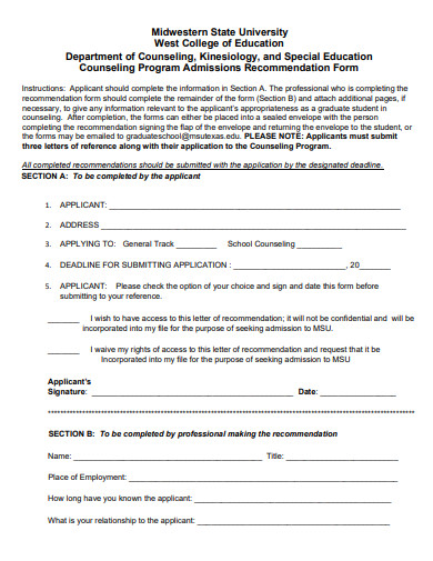 counseling program admissions recommendation form template