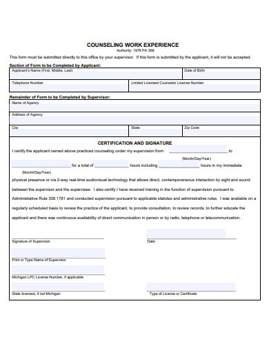 counseling work experience form template